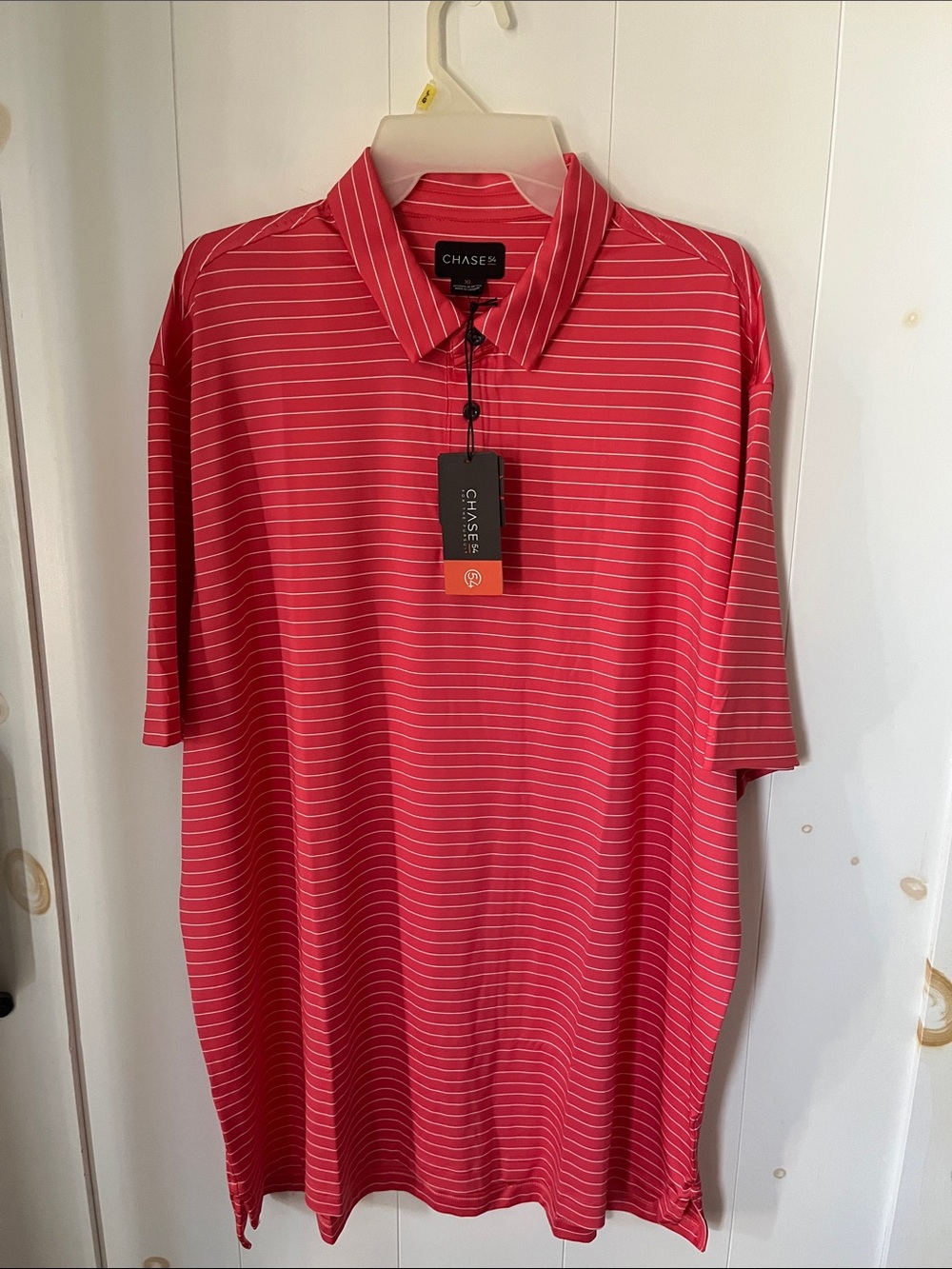 Chase54 Men’s Coral Red Striped Performance Polo